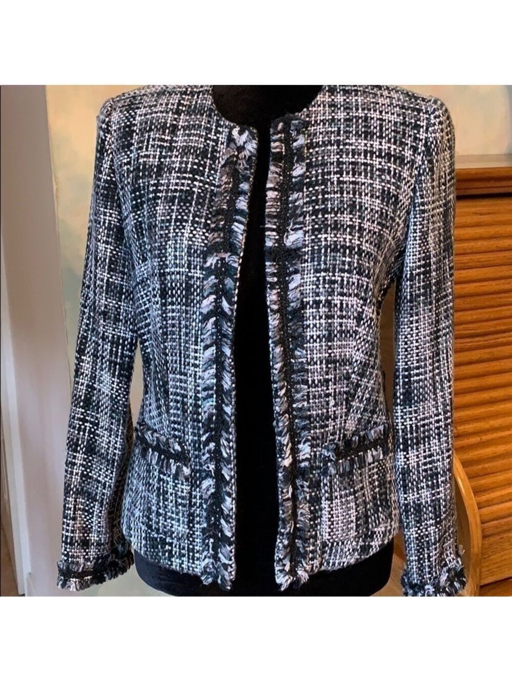 SPENSER JEREMY Black White Tweed Jacket Fringe